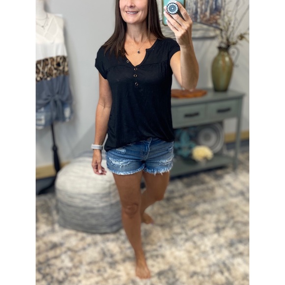 Melange Burnout Henley V-neck Floaty Short Cuffed Tabbed Sleeve Black 3221 - Picture 5 of 13